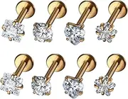 [Rofusn] Lip Rings Tragus Earrings Piercing: Surgical Steel Inlay CZ Stone Flat Back Stud Pierced Cartilage Earrings Jewelry for Women Men, 4 Pairs
