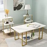 Lamerge Coffee Table Set of 3,Rectangle Coffee Table&2 Accent Table,Faux Marble Tabletop,3 Piece Living Room Table Sets with Multi Tier Storage, for Small Space, Apartment,White & Gold