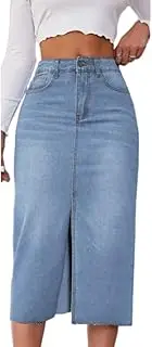 [RSBFK] Women's Casual High Rise Denim Skirt Split Hem Raw Edge Trimming Midi Jean Skirts