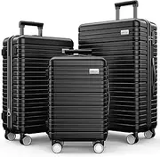 [BEOW] 3-Piece Expandable Hard-Sided Luggage Sets with Spinner Wheels, TSA Lock, Lightweight Suitcase for Women & Men, 20/24/28 Inch, Black - Durable & Stylish Travel Luggage