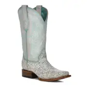 Corral Ladies Embroidered White & Turquoise Square Toe Boot Z5139