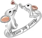 [IMINI] Mom Daughter Elephant Ring Sterling Silver Plated Mama and Baby Elephants Engraved I Love You Forever Statement Family 2 Elephants Unique Adjustable Open Rings Meaningful Gifts for Women Girls, Metal,