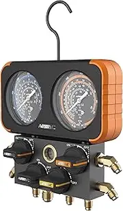 NAVAC N4A4H Manifold Gauge | Class 1.0 Accuracy | Impact-Resistant HVAC Gauge | Aluminum Body and Rubber Cover | Easy-to-Read Analog Display | 4 Valves | with Hoses | 1 Year Warranty