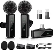 Mini Microphone, Wireless Lavalier Microphone for iPhone, iPad, Android, 2-Pack Mini Mic with Noise Reduction, Auto Pairing and Mute & Reverb for Vlogging, Video Recording, Live Streaming, Interview