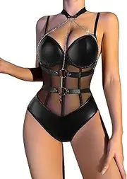 [Lilosy] Sexy Crisscross Choker Leather Pu Underwire Babydoll Women Harness Teddy Bodysuit Nightshirt One Piece, Chain Black, Large