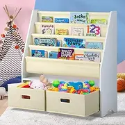 OIKITURE 4-Tier Kids Bookshelf with 2 Storage Boxes - Wooden Sling Bookcase for Books Toys, Book Display Stand Toddler Reading Book Display Rack for Playroom Children’s Room