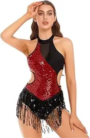 [Jugaoge] Women Fringed Latin Dance Costume Sequins Tassel Leotard Dresses for Dancing Chacha Samba Tango