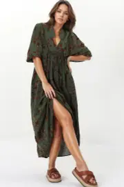JAASE - Boheme Midi Dress: Piping Defined Bust Slimline Smock Dress In Esme Print