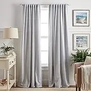 MARTHA STEWART Ticking Stripe Blackout Lining Rod Pocket/Back Tab Window Curtain Panel Pair, 95", White/Indigo