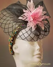 Aimee Fuller Hats Pink Black Fascinator Gold Rainbow Jeweled Kentucky Derby Hat