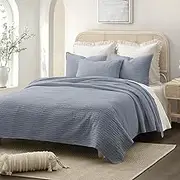 Wonderful Linen Cotton Quilt Set King Size, 100% Cotton Back and Filling, 3 Piece Pre-Washed Blue Bedding Cover, Wave Stitched Bedspread Coverlet Bedding Set 3-Piece for All Seasons, 104"x94"