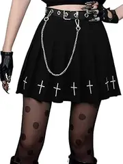 [Generic] Women Punk Dark Mini Skirts Black Pleated Skirt Punk Embroidery Skirt Schoolgirl High Waist Gothic Mini Skirt with Chain Belt Uniform Pleated Skirt