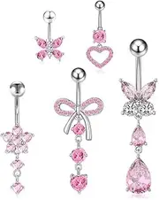 [Peysaitr] 5 Pcs Belly Button Bars, Dangly Belly Button Piercing Jewellery, Steel Belly Button Piercing Rings, Flower Butterfly Heart Navel Piercing, Jewelry for Women, 1.6mm, Stainless Steel, stainless steel