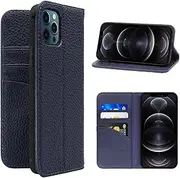 LANJLM iPhone 12 Pro Max Case Genuine Leather Wallet Case Card Holder Shockproof Flip Cover - Royal Blue