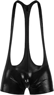 [Generic] Men's Sexy Faux Leather Wrestling Leotard Bodysuit Suspenders Backless Jockstrap One-Piece Patent Jumpsuits Underwear (Black,X-Large), Black, X-Large