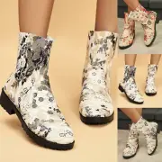 Ladies Fashion Retro Flower Fabric Pointed Back Zipper Thick Heel Short Boots