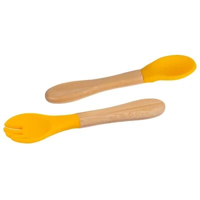 2pc Tiny Dining Yellow Bamboo Baby Weaning Fork & Spoon Set Toddler Feeding