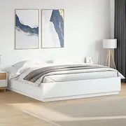 King Bed Frame with LED, Wooden Slats, White Color, Floor Base, Furniture for Bedroom, Portable Frame, 183x203 cm
