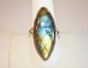 AB Exceptional Blue Fire Labradorite Large Marquise .925 Sterling Silver Ring 10