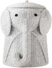 Elephant Hamper White Wicker Laundry Basket Clothes Bin Lid Woven Decor Nursery