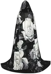 VPPUR Black White Rose Print Unisex Hooded Cloak For Carnival Theme Party Decorations Witch Costume Cosplay