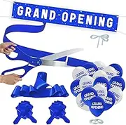 Grand Opening Blue Ribbon Cutting Ceremony Kit - 25" Giant Scissors with Blue Satin Ribbon, Banner, Balloons,Bows and More Supplies Grand Opening Decorations for Business