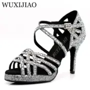 Silver black Latin dance shoes ladies salsa rhinestone shoes dance ladies