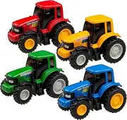 Playmaker Toys 4 Pack Toy Tractors, Pull-Back Tractors Comes with 1 Blue, 1 Green, 1 Orange, 1 Red (4 Tractors)