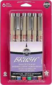 New Sakura Pigma Brush Tip Color Set - Brush Pens - Assorted Colors - 6 Pens