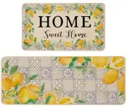 Lemon Summer Kitchen Rugs Set of 2, Yellow Lemon Blue Tile Home Sweet Home