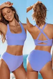 Cupshe Lavender Crossback Bikini Bralette & High-Waisted Bottoms Set - Purple,S / XL