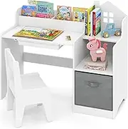 INFANS Kids Table and Chair Set, Toddler Art Craft Play Wood Activity Desk with Chairs Storage Canvas Bin for Writing Drawing, Children Furniture for Daycare Nursery Boys Girls 3+ (White)