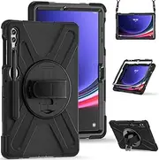 [zenrich] Rugged Case for Samsung Galaxy Tab S9 FE+ 12.4 inch 2023, Shockproof Tablet Case with Stand, Pen Holder, Rotating Hand Strap, Shoulder Belt - Black