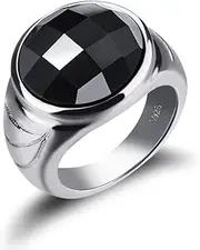 [ziqiudie] 925 Sterling Silver Black Agate Ring Punk big Black Onyx Ring, Vintage Handmade Men's Ring, Quality Gemstone Jewelry Christmas Birthday Gift 17.5mm Wide Size 6-13