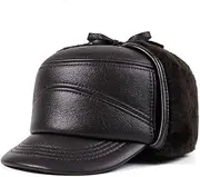 [VKEID] Men's Leather Hat Winter Thickening Warm Big Ear Protection Men in The Elderly Lei Feng Hat Leather Hat (Color : Dark Brown, Size : X-Large)