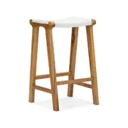 Casey 66cm White Flat Leather Natural Teakwood Barstool
