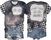[CAZYCHILD] Racing Shirt for Women Checkered Flag Graphic Raceday Outfit Race Lover Casual Short Sleeve Funny Race Car Tee Tops