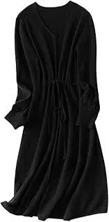 [Zozogag] 100% Australian Wool Knitting Jumpers V-Neck Cashmere Pullovers Drawstring Bubble Sleeve Loose Women Long-Style Dress