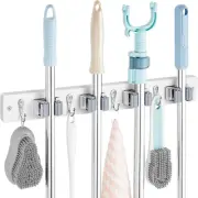 White Mop Broom Holder Wall Mount with 4 Slots & 4 Hooks - Wood Broom Mop Hanger