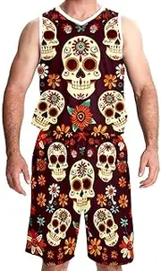 [KQNZT] Basketball Jerseys Shorts Sport Set, Outfit Tank Top Track Shorts, Men's Athletic Basketball Jerseys, Flower Skull Retro Mexico