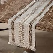 Table Runner, Boho Runner Cotton Linen Decorations, Farmhouse Runners with Tassels for Bohemian Wedding Bridal Shower Rustic Home Dining Decor (Grid-Black, 12x108)