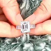 HUGE 14K WHITE GOLD EMERALD CUT MOISSANITE ENGAGEMENT RING BRIDAL PROPOSE 6.20CT
