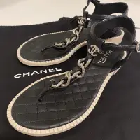 在飛比找Yahoo!奇摩拍賣優惠-Chanel 香奈兒 銀鍊 一字夾腳涼鞋 黑色 #36.5