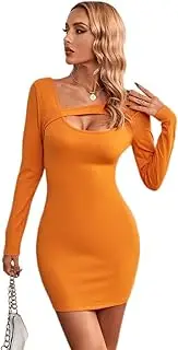 [Generic] Women's Long Sleeve Cut Out Neck Rib Knit Bodycon Mini Short Dress