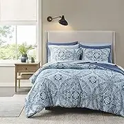 Comfort Spaces Bed in A Bag - Trendy Casual Design Cozy Comforter with Complete Sheet Set with Side Pocket, All Season Cover, Matching Shams, Queen(90"x90"), Gloria, Damask Blue 9 Piece