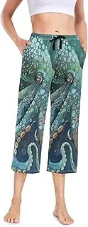 [RPLIFE] Octopus Sea Animal Teal Blue Women Pajama Bottoms, S-XXL Womens Stretch Capris, Soft Pajamas Women, Octopus Sea Animal Teal Blue, Large