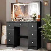 Buildonely Dressing Table Large Tabletop 7 Drawers, 55inches Makeup Table with Touch Switch and 3 Color LED Lights, Girls Vanity Set with Mirror and Lights for Women, Black