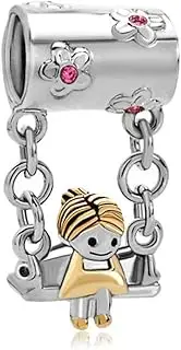 [SBI Jewelry] Flower Swing Pink CZ Girl Charm Compatible with Pandora Bracelet Women Girls Daughter Granddaughter Sister Friends Silver Dangle Pendant Birthday Anniversary, Leather Cubic Zirconia Silver