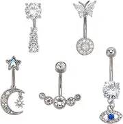 [NICENEEDED] 5 Pcs Belly Button Rings, Stainless Steel Dangle Belly Bars, Diamond Belly Piercing Navel Bar Devil's Eye Butterfly Barbell Navel Bars Piercing Jewellery for Women