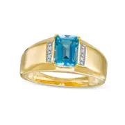 Men's Emerald-Cut Swiss Blue Topaz and Natural Diamond Accent Collar Ring in Solid 10K Yellow Gold